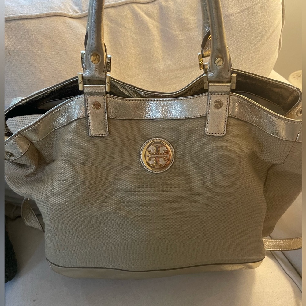 Tory Burch Straw and Leather Tote/Shoulder Bag with Gold Straps & Trim